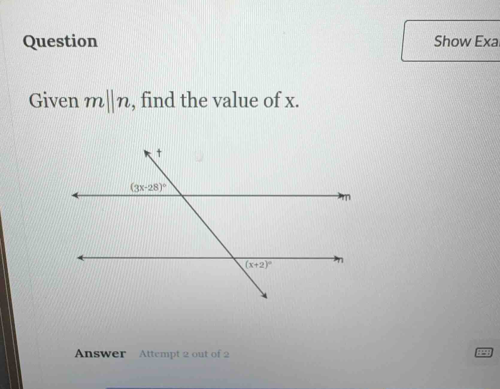 question given $m\\parallel n$, find the value of x. answer attempt 2 o…