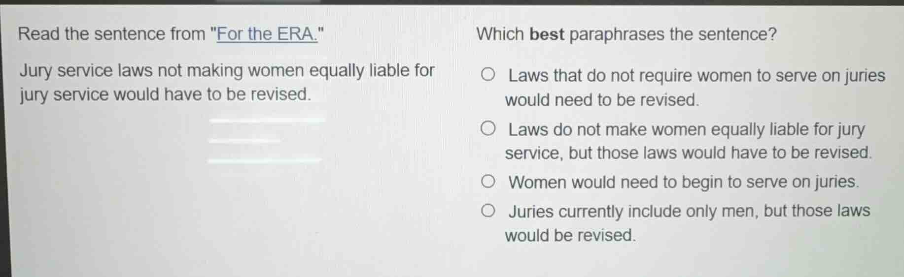read the sentence from \for the era.\jury service laws not making women…