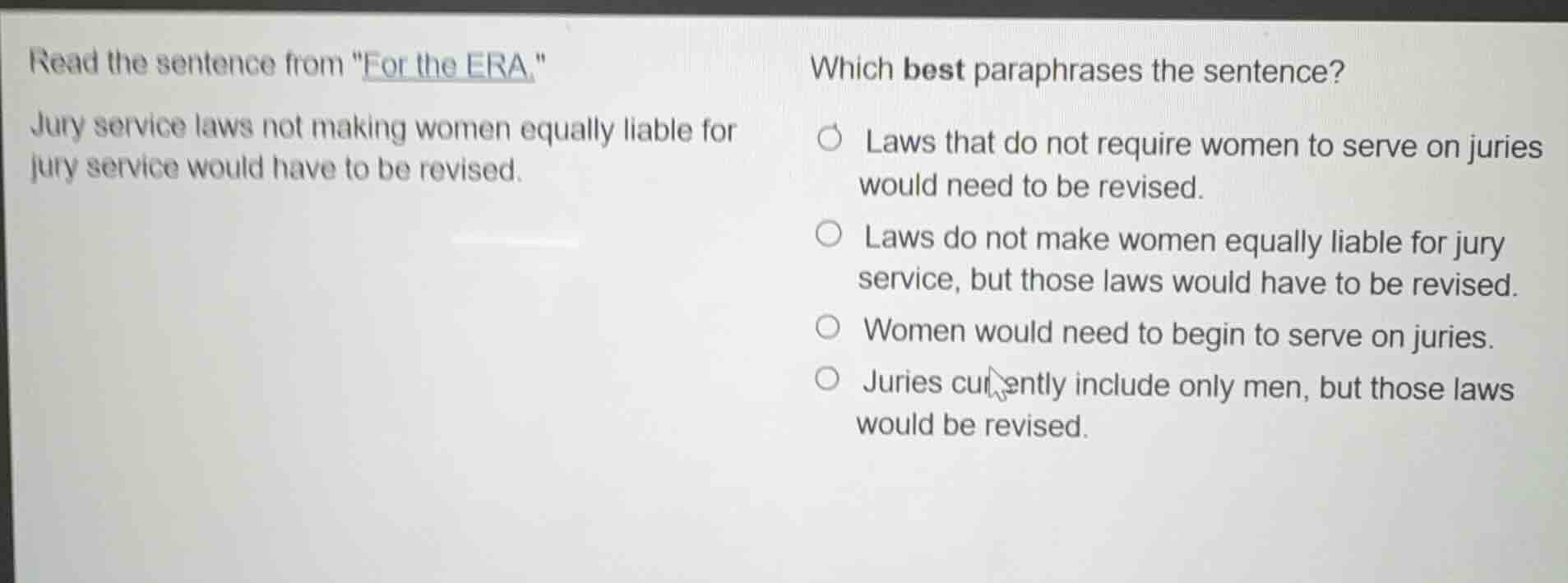 read the sentence from \for the era.\jury service laws not making women…