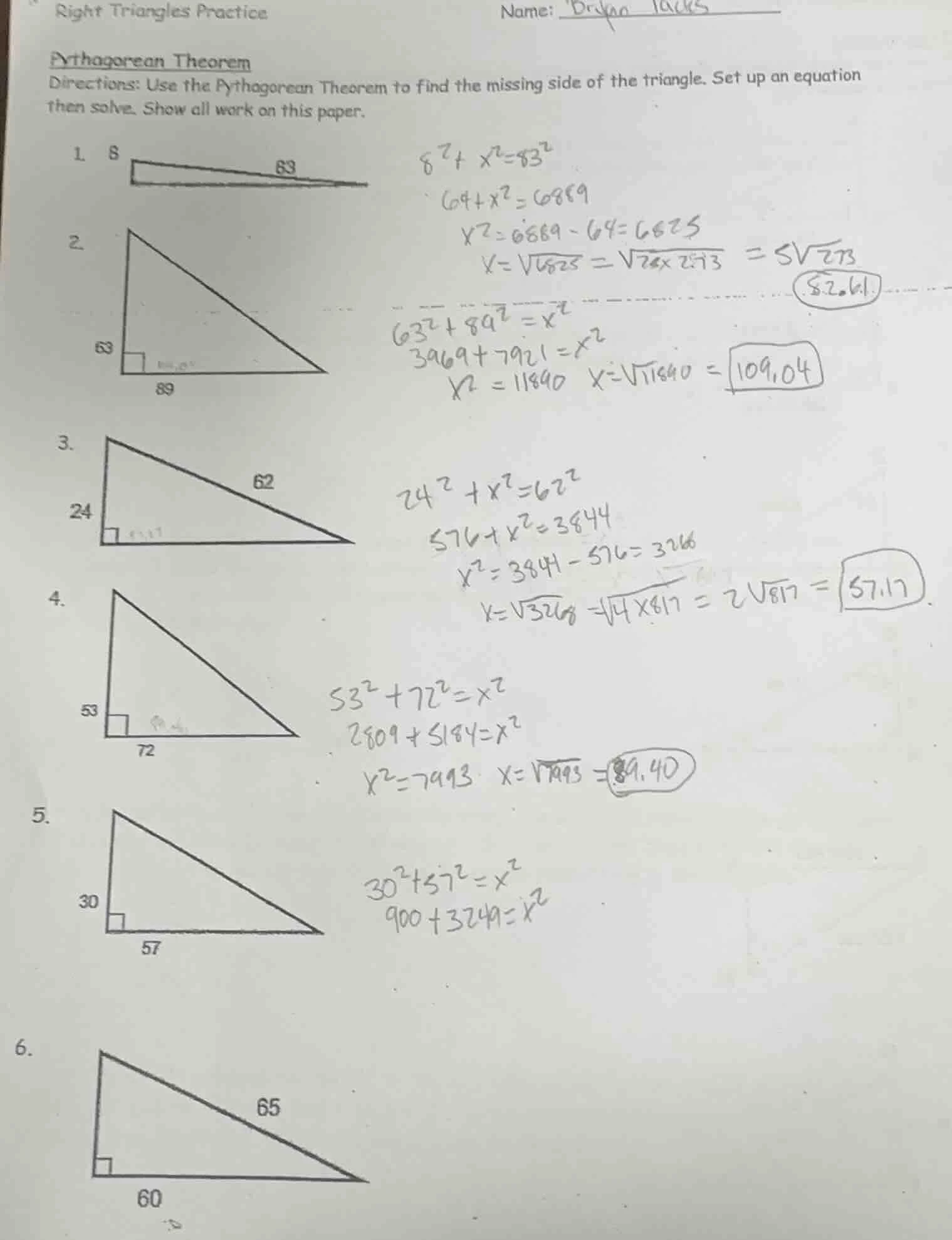 right triangles practice name: pythagorean theorem directions: use the …