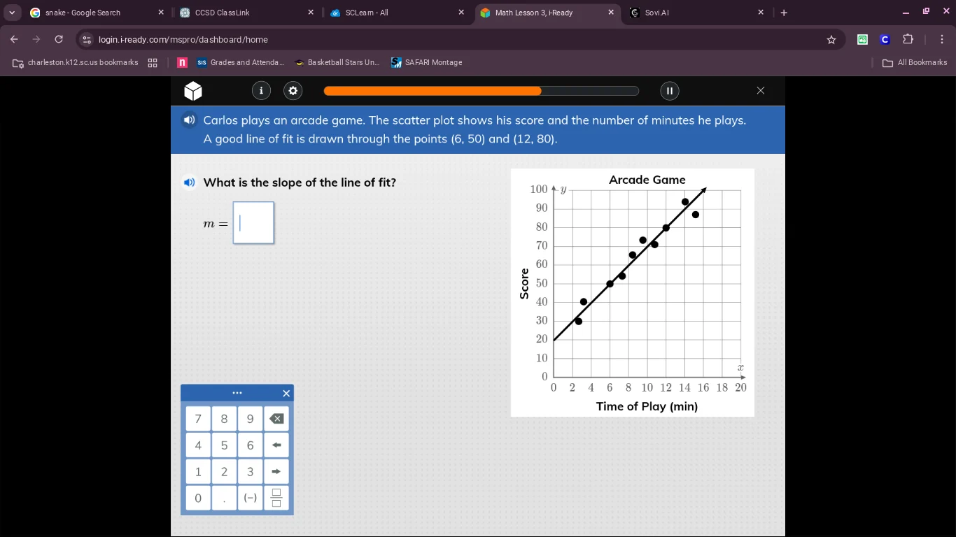 carlos plays an arcade game. the scatter plot shows his score and the n…