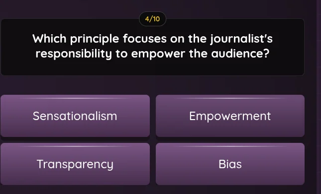 4/10 which principle focuses on the journalists responsibility to empow…