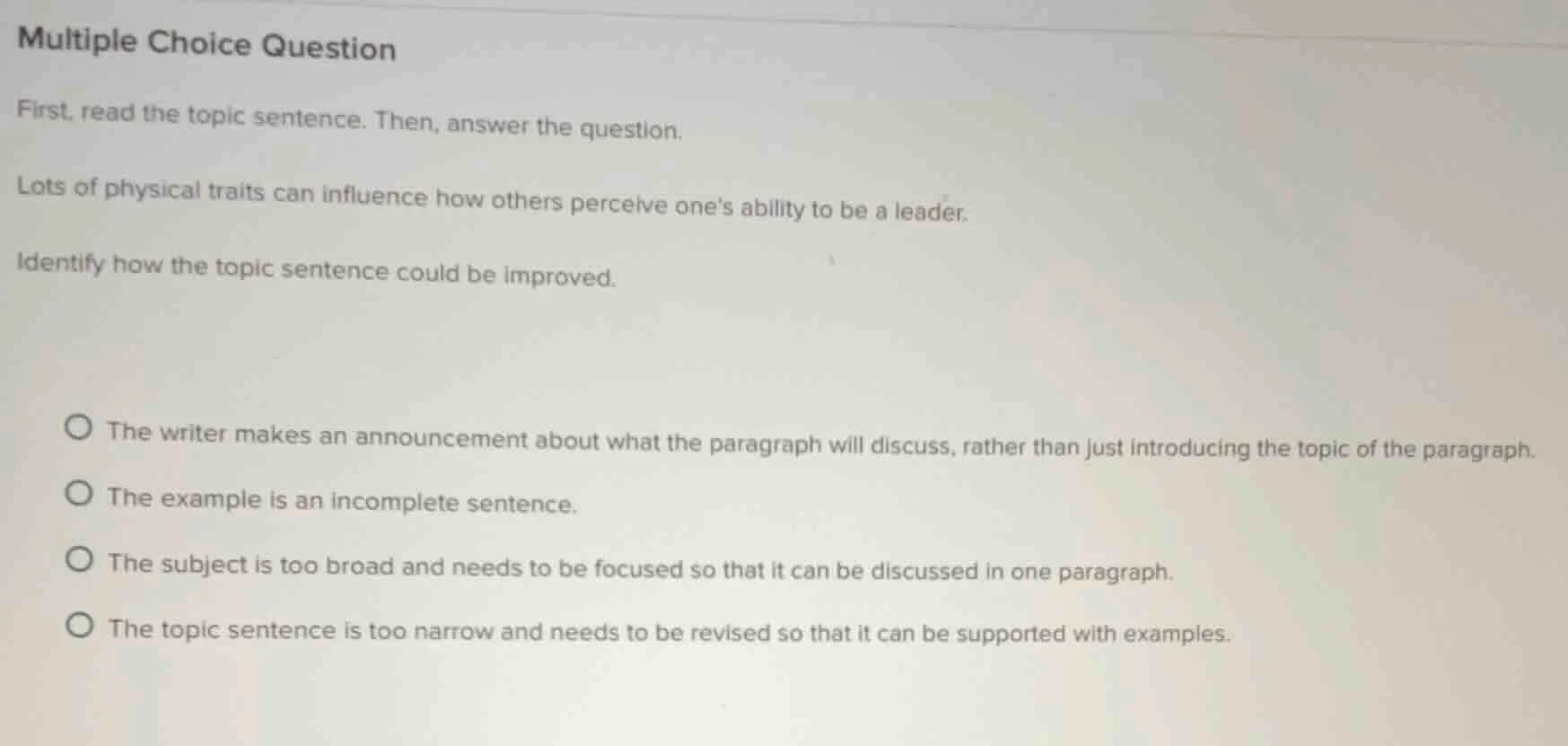 multiple choice question first, read the topic sentence. then, answer t…