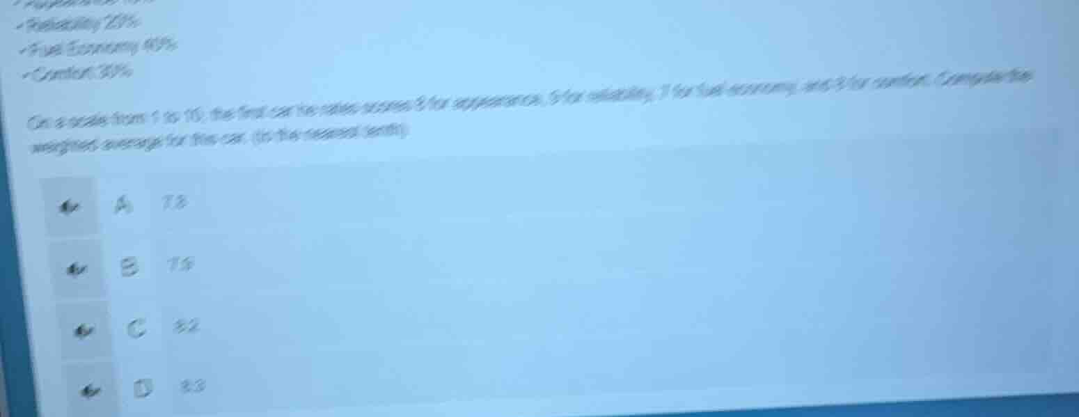 - reliability 20%- fuel economy 40%- comfort 30%on a scale from 1 to 10…