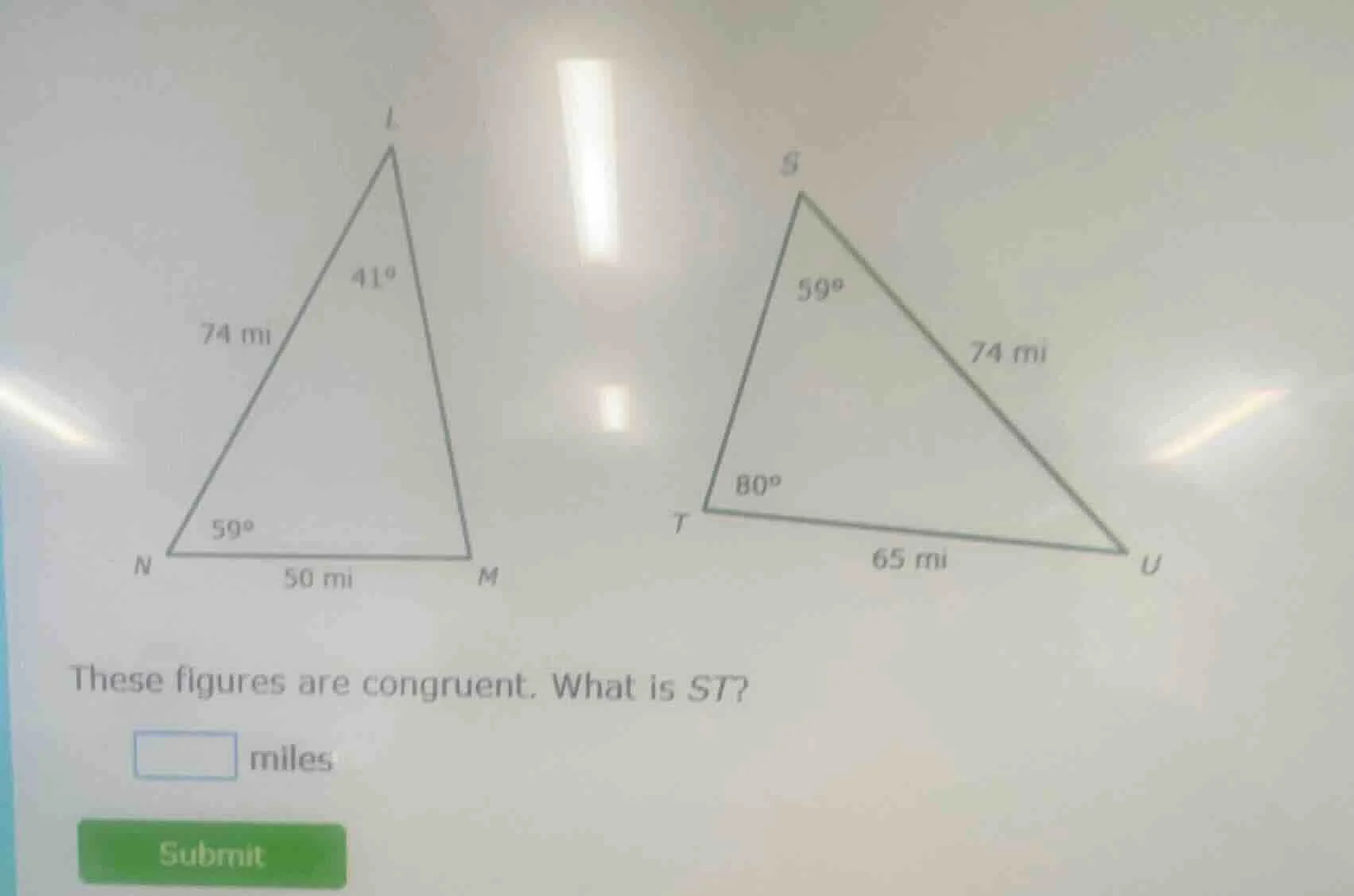 these figures are congruent. what is st? $square$ miles
