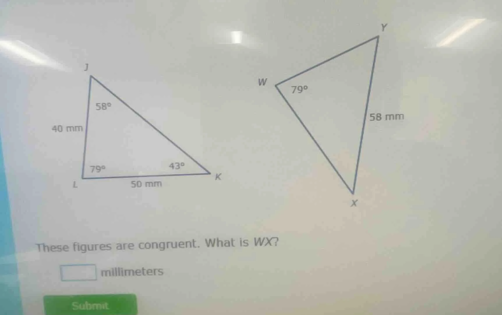 triangle jlk: ∠j = 58°, ∠l = 79°, ∠k = 43°, jl = 40 mm, lk = 50 mm tria…