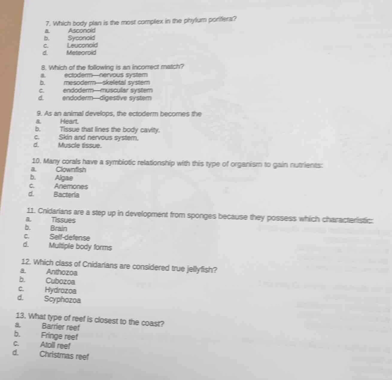 7. which body plan is the most complex in the phylum porifera? a. ascon…