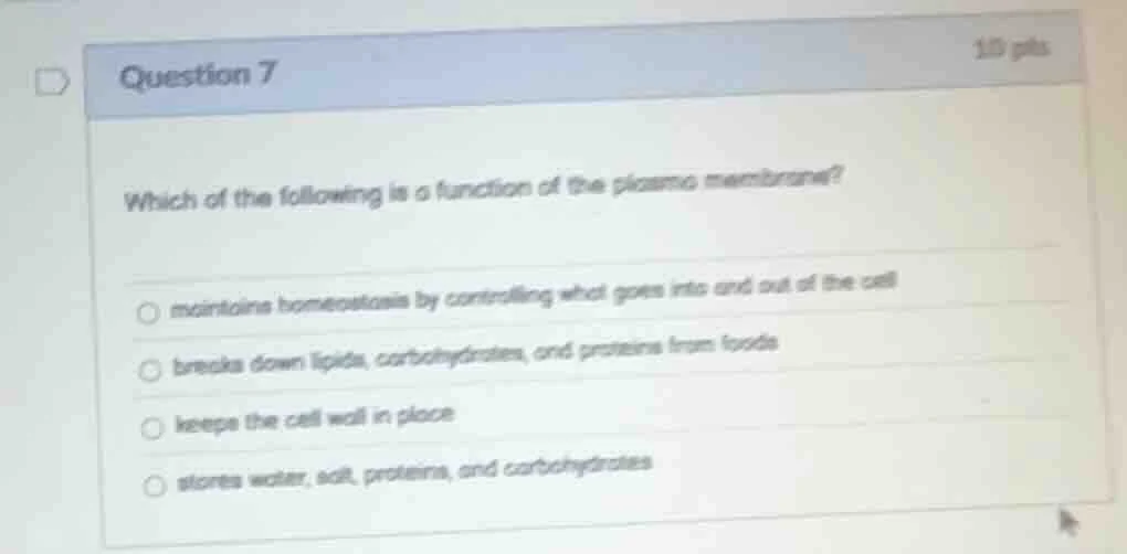 question 7 1.0 pts which of the following is a function of the plasma m…