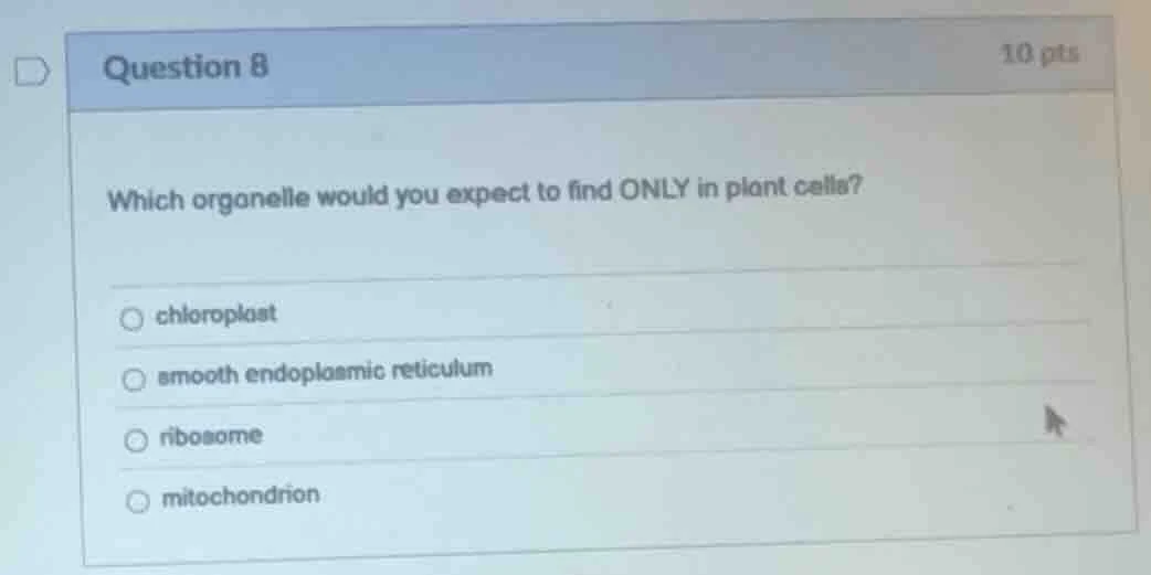 question 8 10 pts which organelle would you expect to find only in plan…