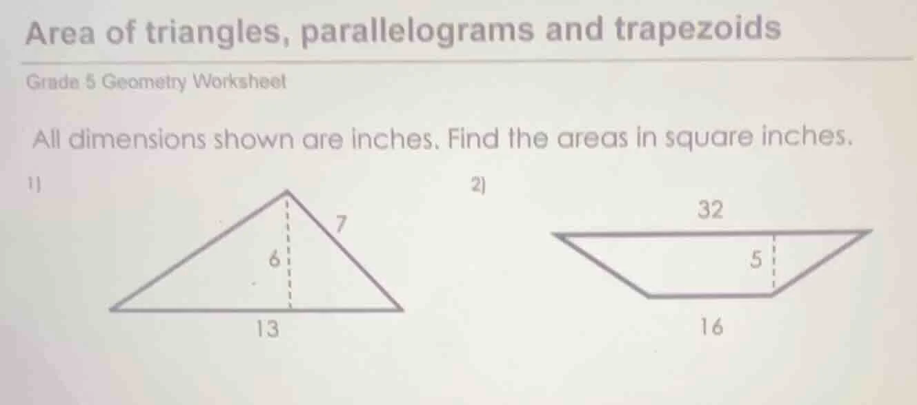 area of triangles, parallelograms and trapezoids grade 5 geometry works…