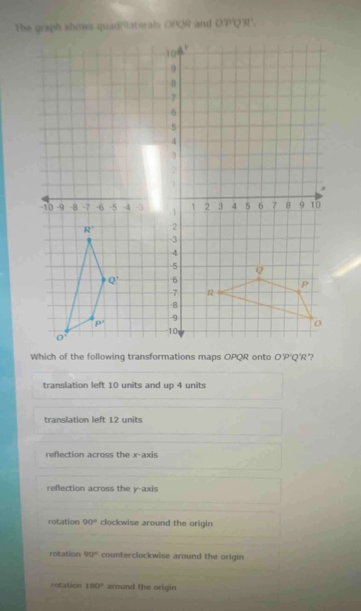 the graph shows quadrilaterals opqr and opqr. which of the following tr…