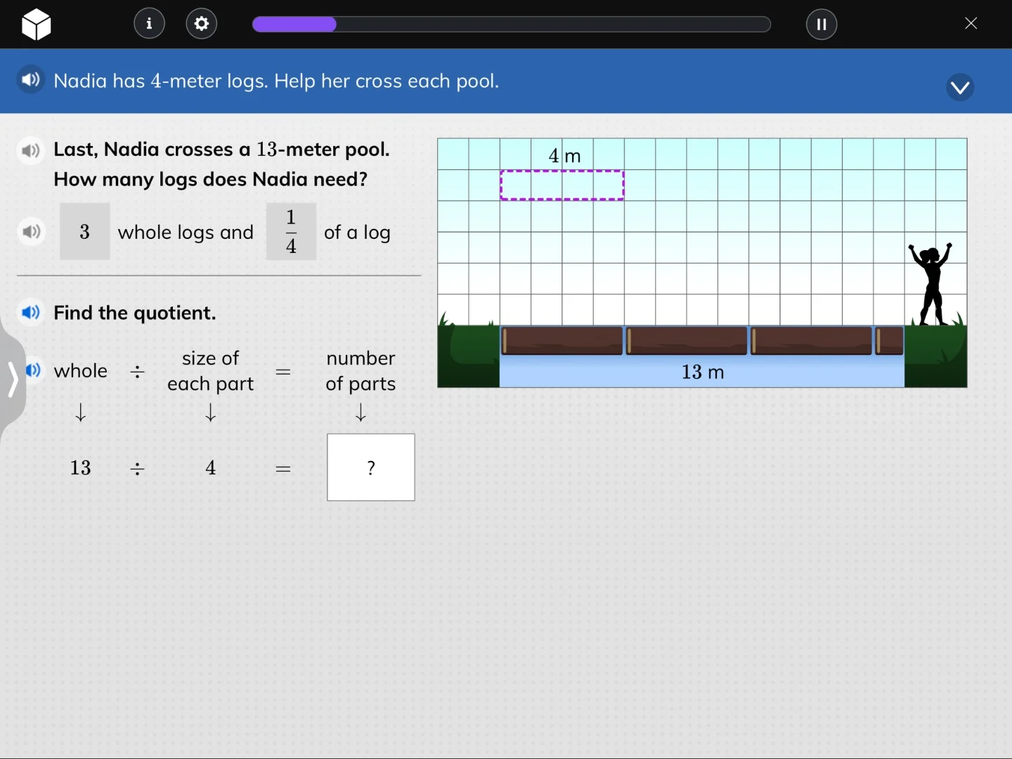 nadia has 4-meter logs. help her cross each pool. last, nadia crosses a…