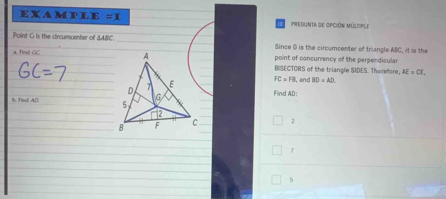 example #1 point g is the circumcenter of $delta abc$. a. find gc. gc=7…
