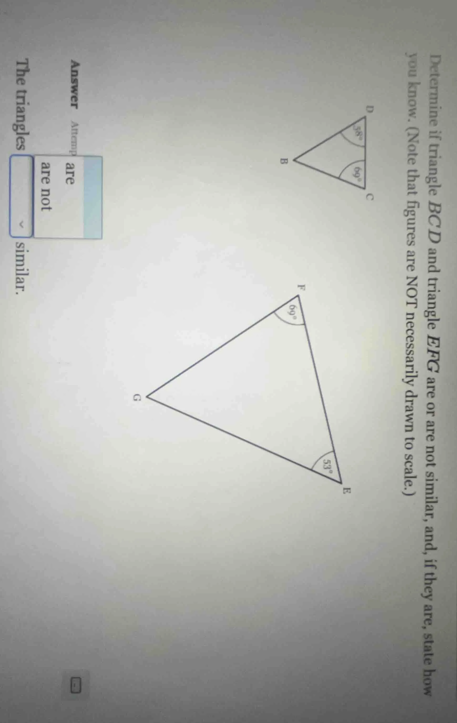determine if triangle $bcd$ and triangle $efg$ are or are not similar, …