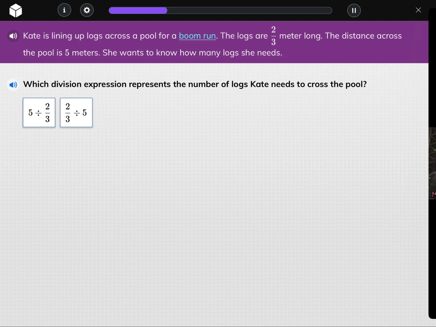 kate is lining up logs across a pool for a boom run. the logs are $\fra…