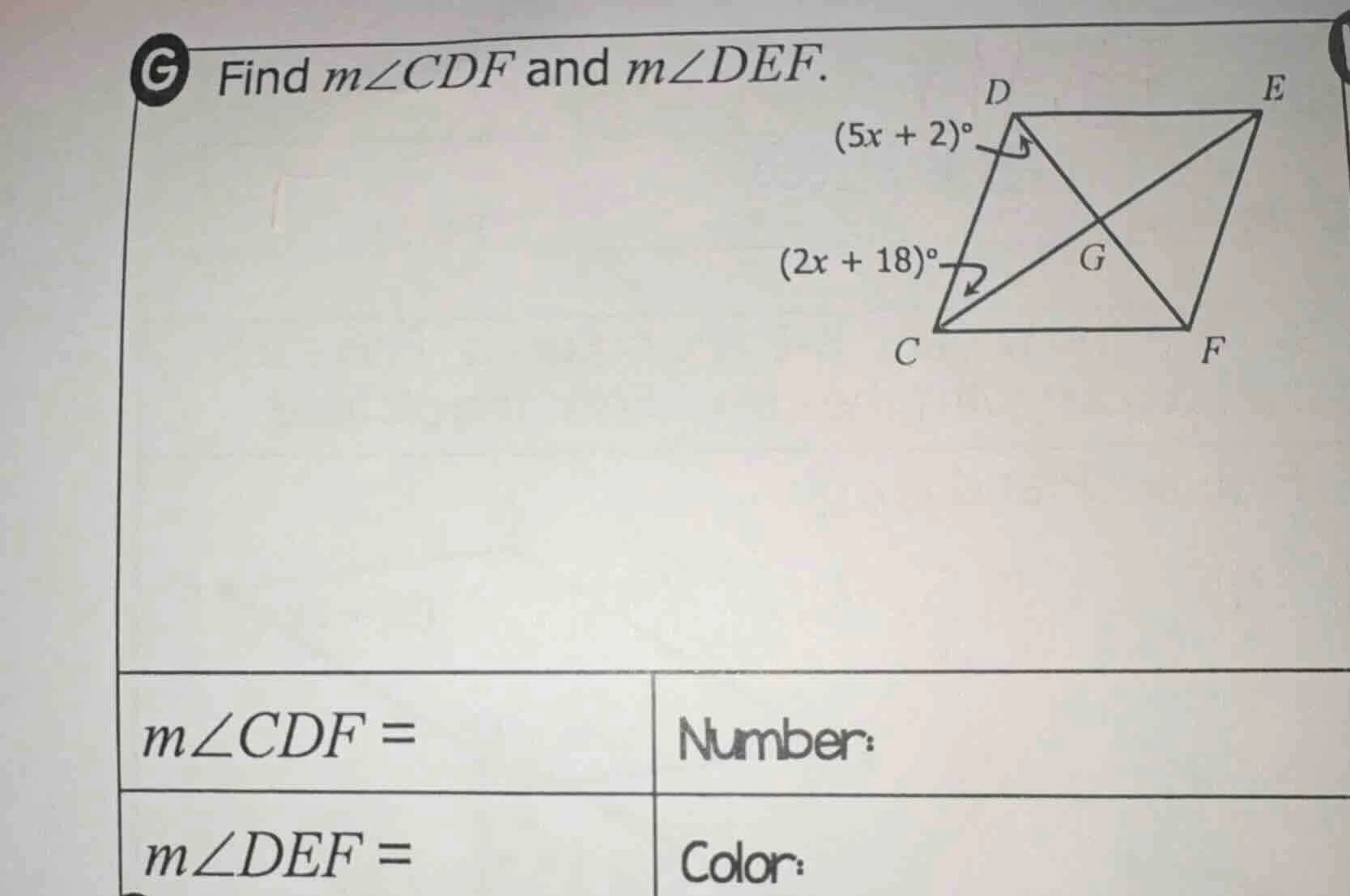 find $m\\angle cdf$ and $m\\angle def$. $(5x + 2)^\\circ$ $(2x + 18)^\\…