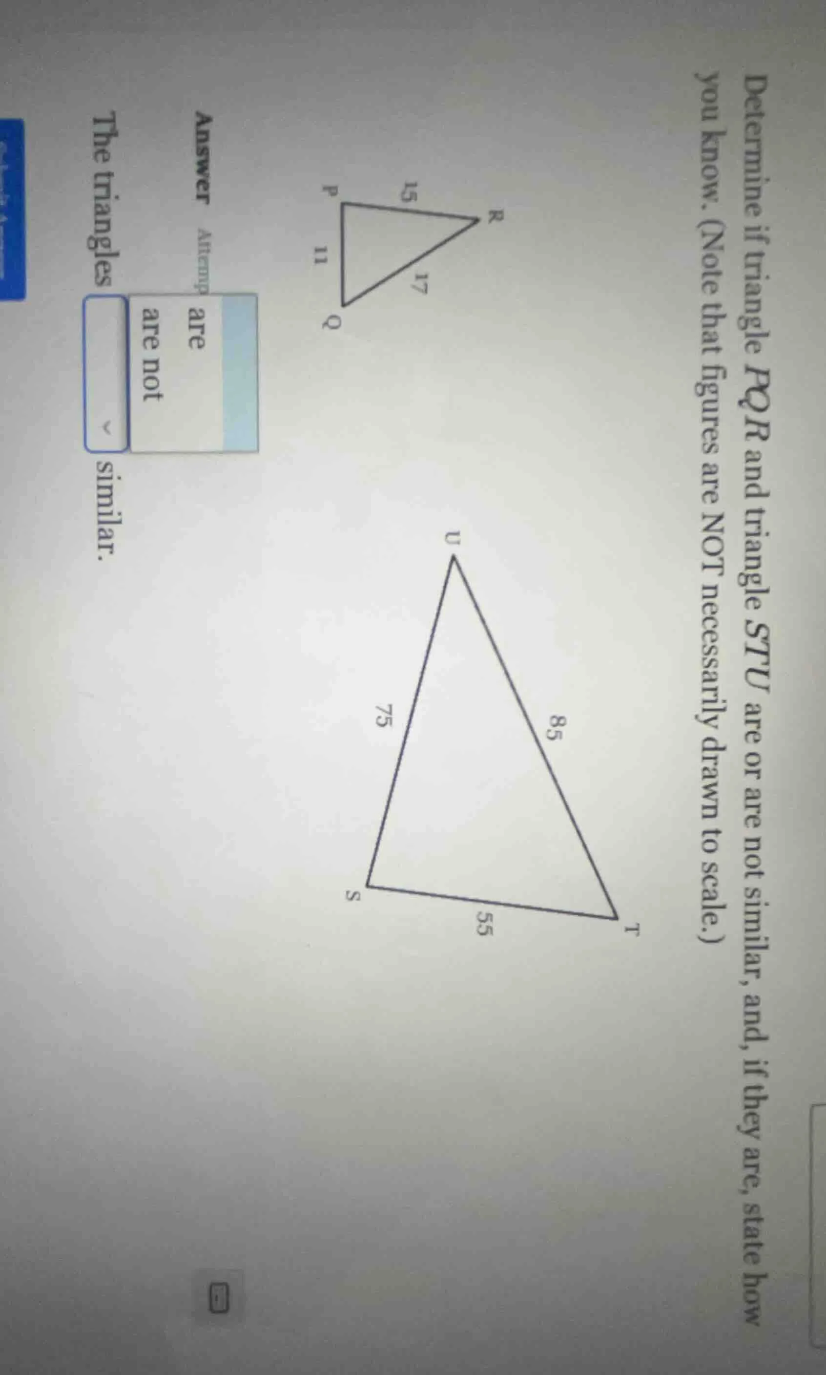 determine if triangle $pqr$ and triangle $stu$ are or are not similar, …