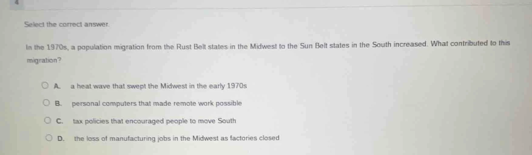 select the correct answer. in the 1970s, a population migration from th…