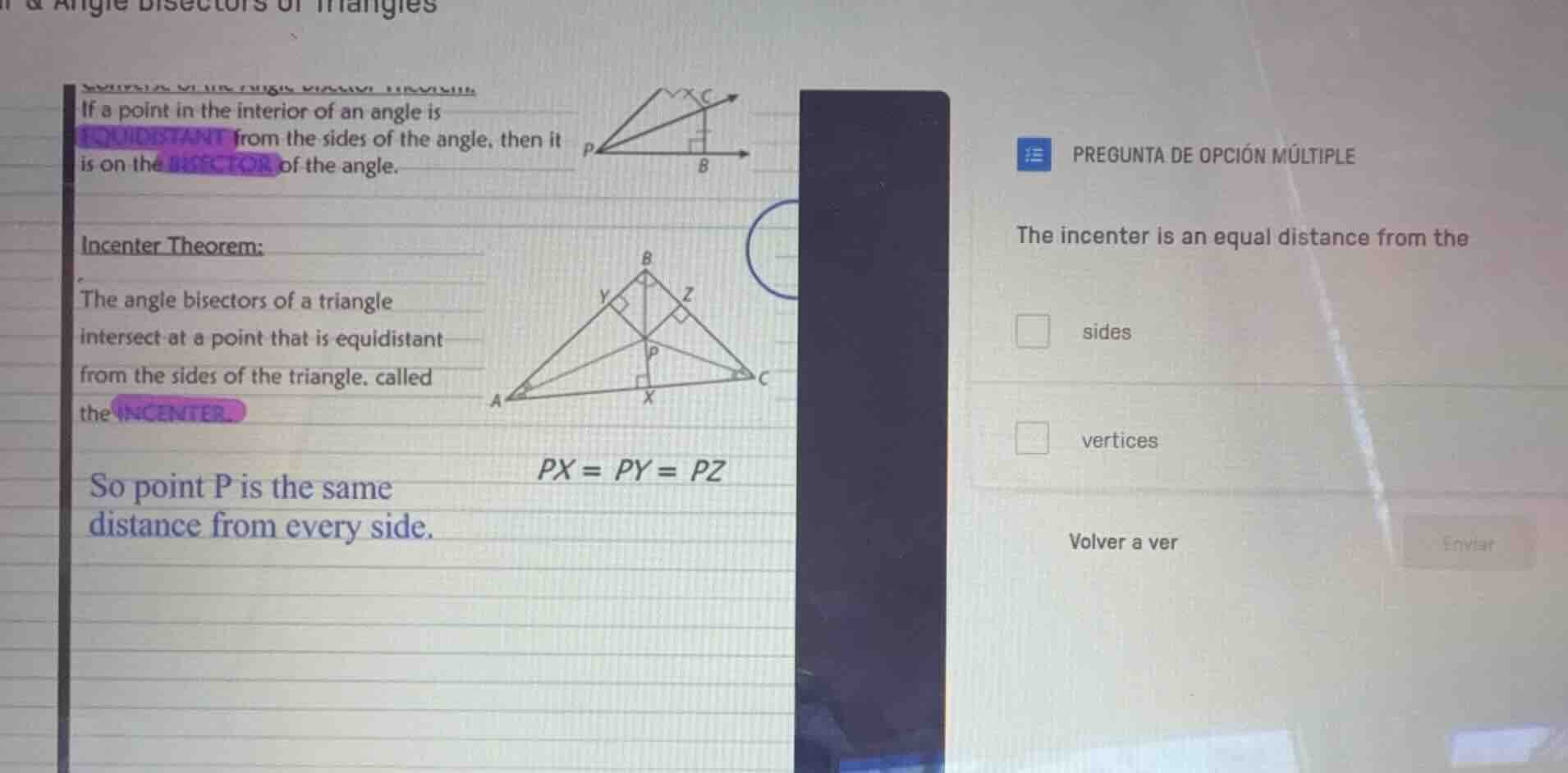 if a point in the interior of an angle is equidistant from the sides of…