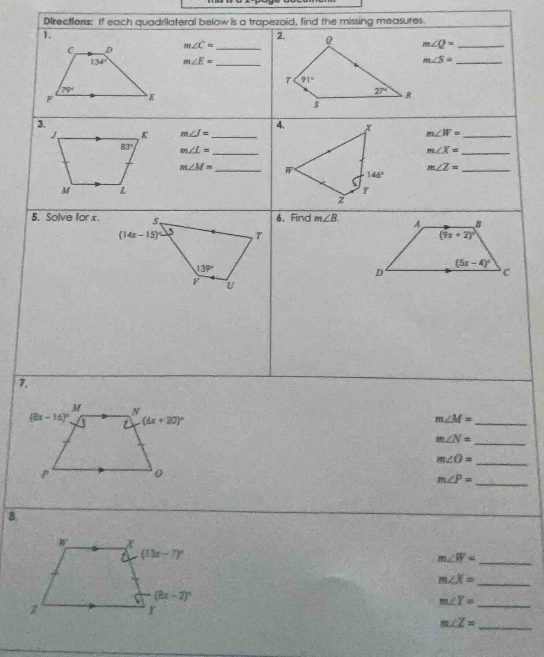 directions: if each quadrilateral below is a trapezoid, find the missin…