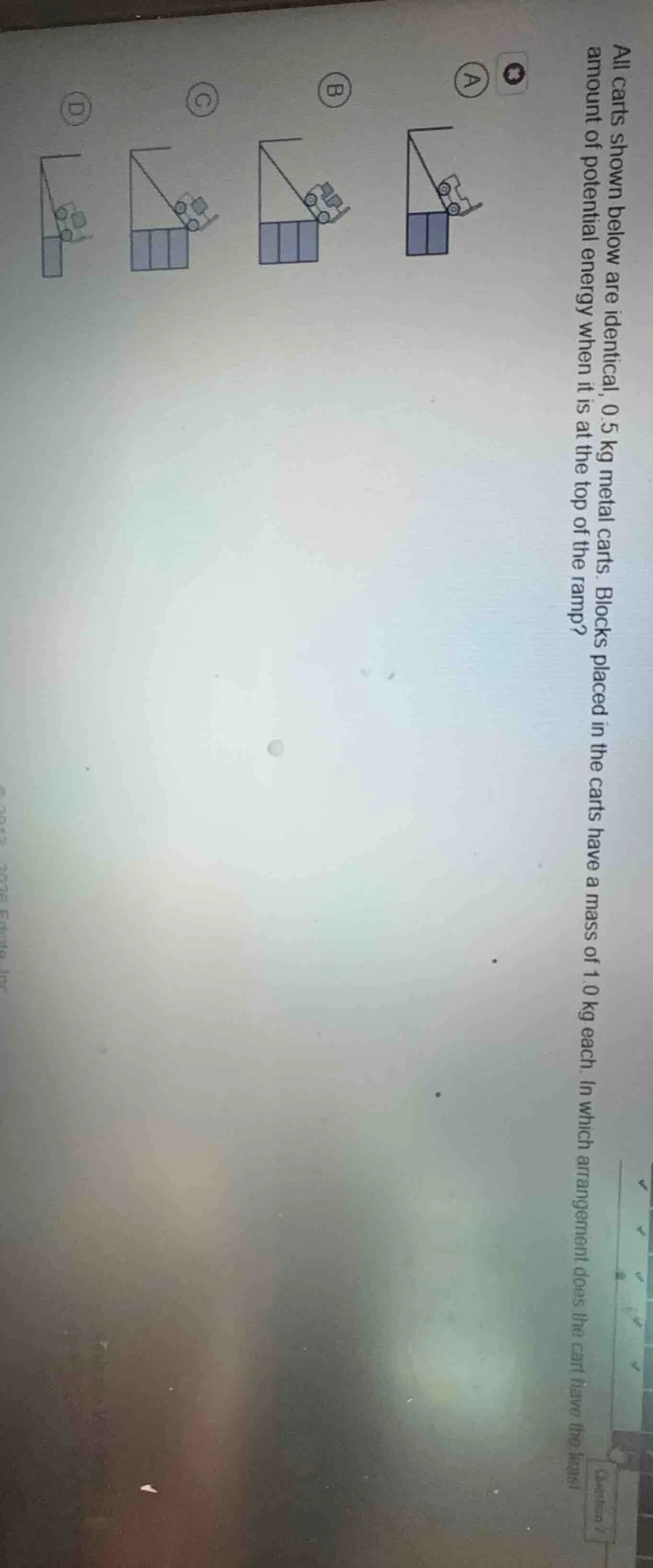 all carts shown below are identical, 0.5 kg metal carts. blocks placed …