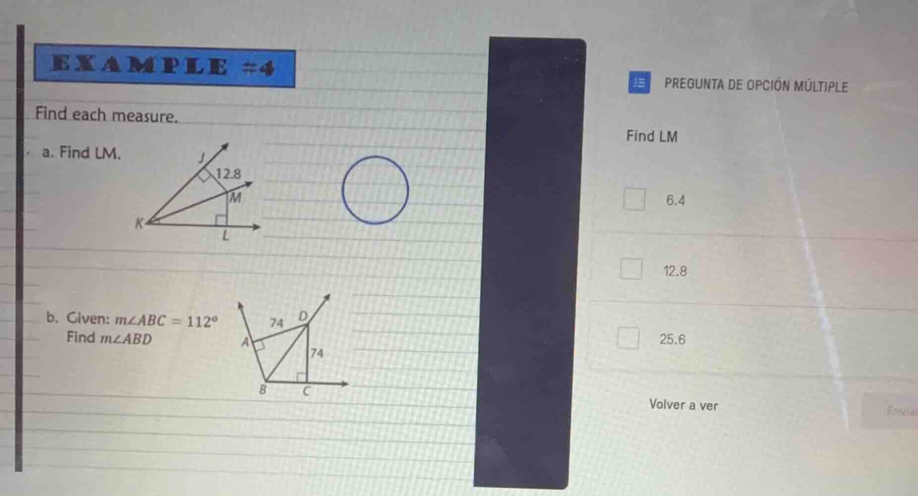 example #4 find each measure. a. find lm. b. given: $m\\angle abc = 112…
