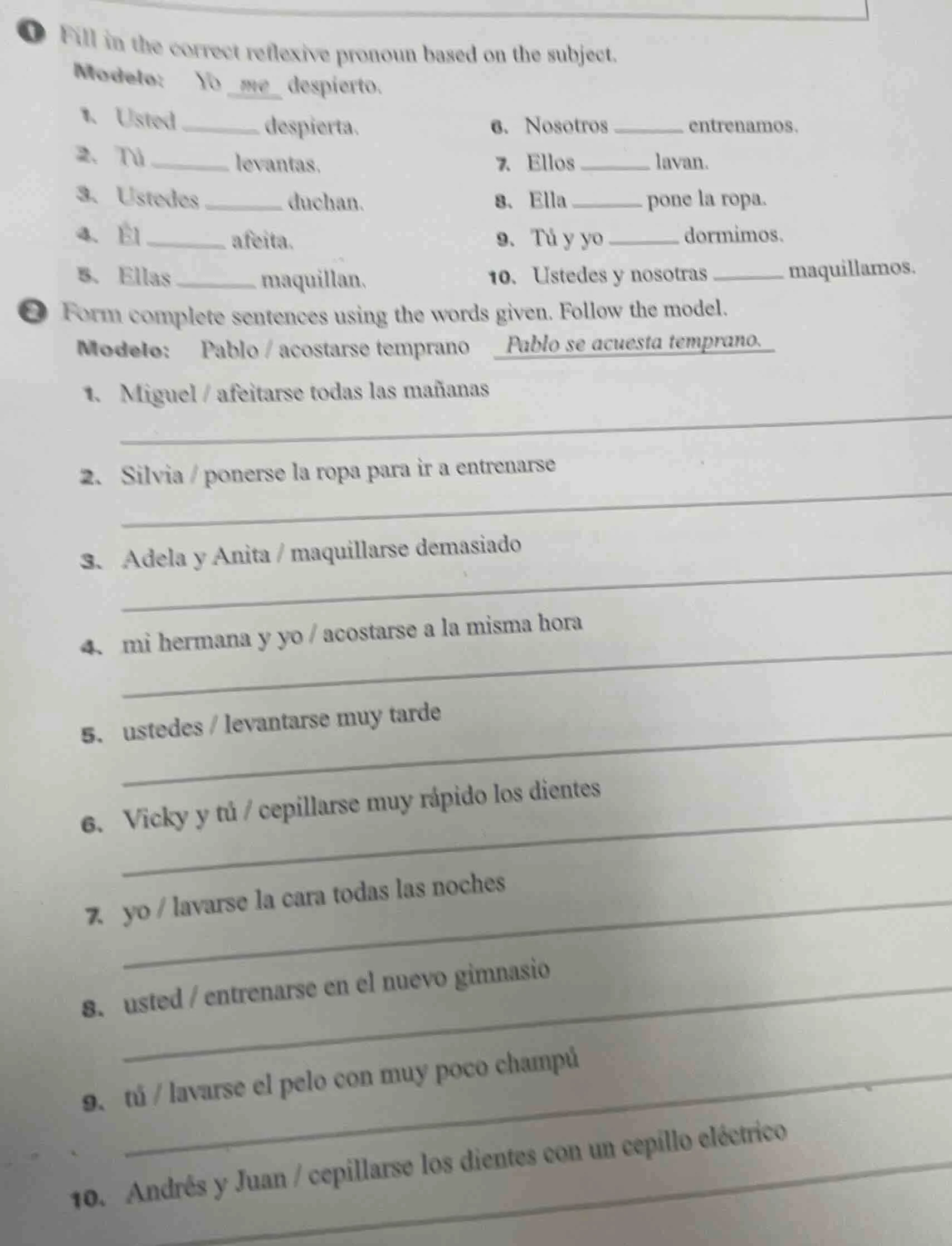 1 fill in the correct reflexive pronoun based on the subject. modelo: y…