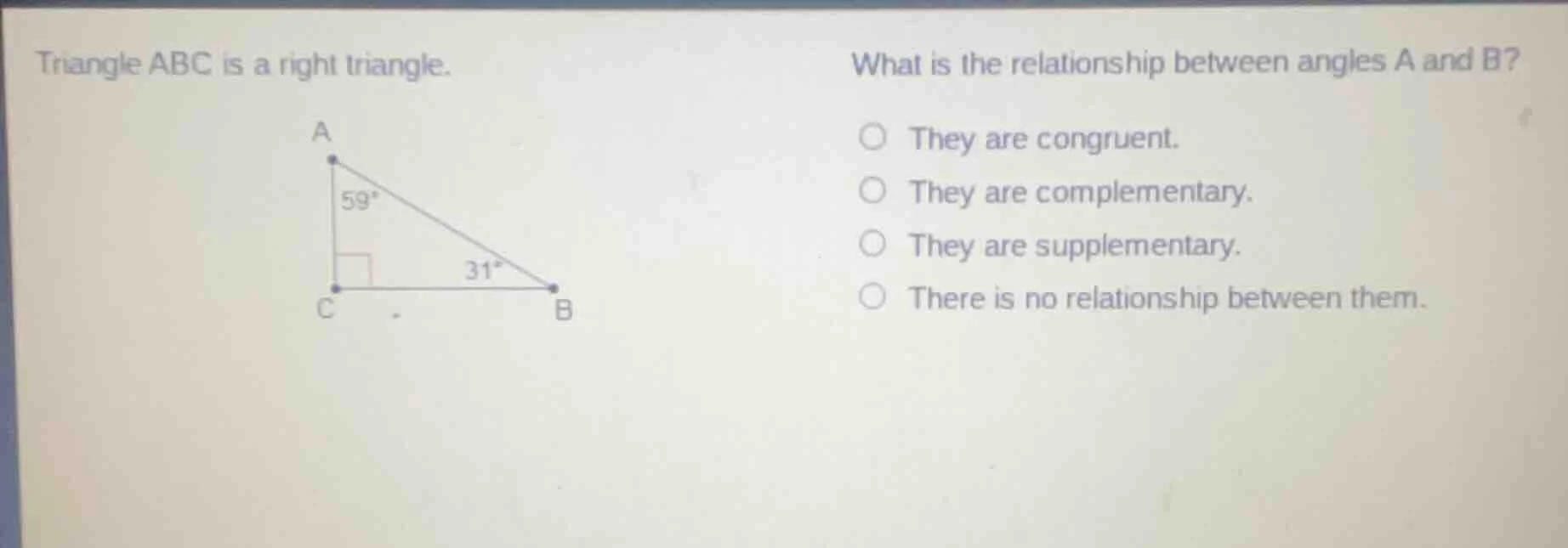 triangle abc is a right triangle. what is the relationship between angl…