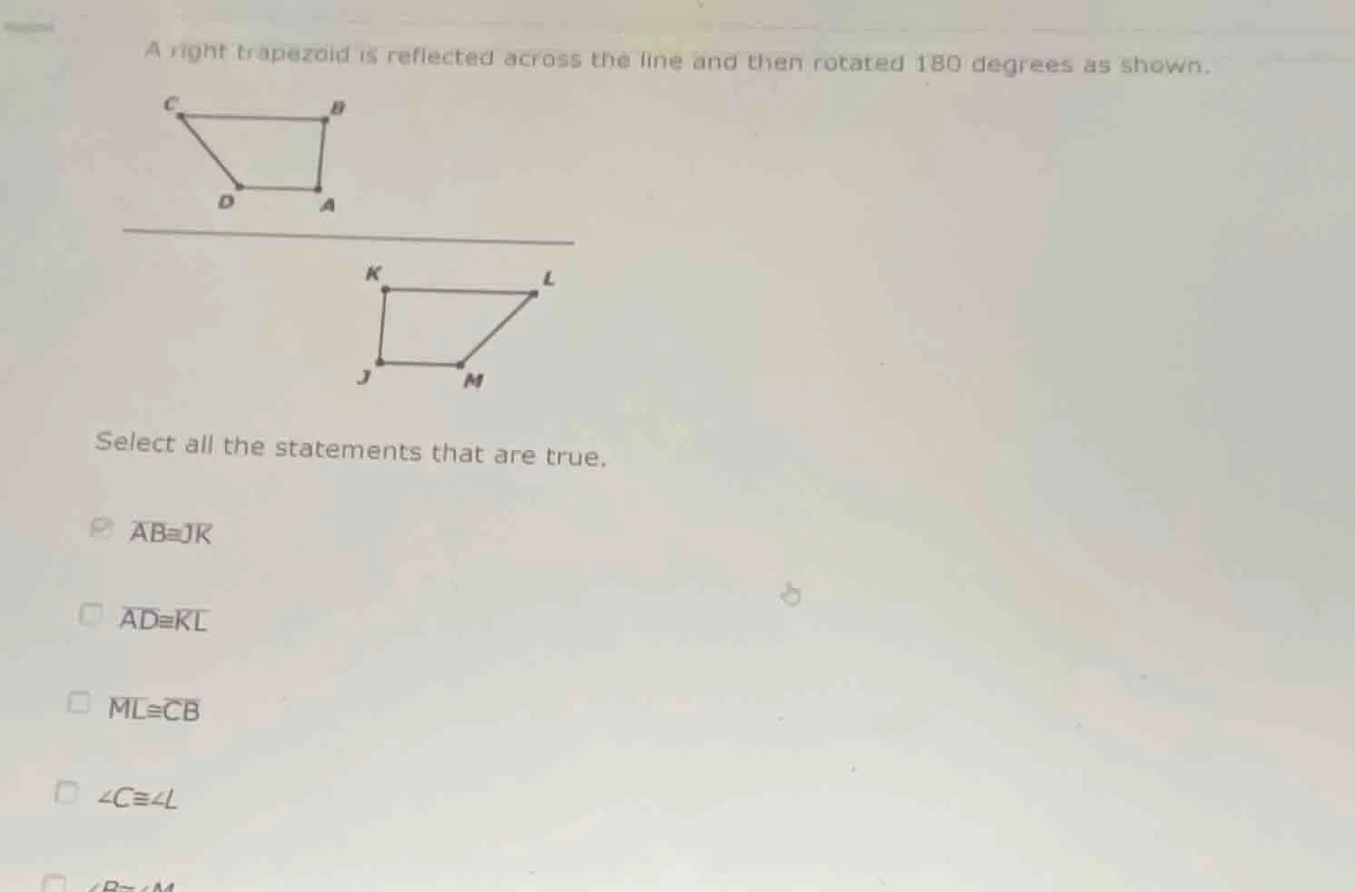 a right trapezoid is reflected across the line and then rotated 180 deg…