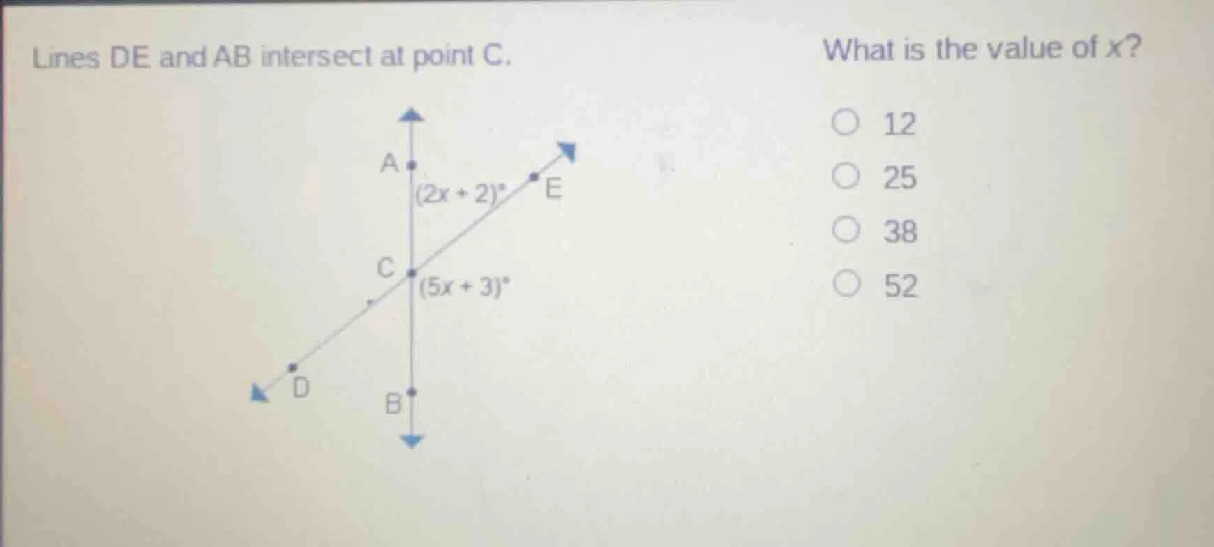 lines de and ab intersect at point c. what is the value of x? ○ 12 ○ 25…