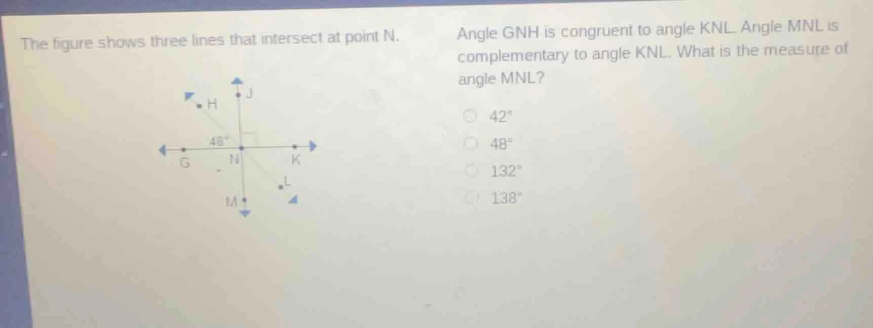 the figure shows three lines that intersect at point n. angle gnh is co…