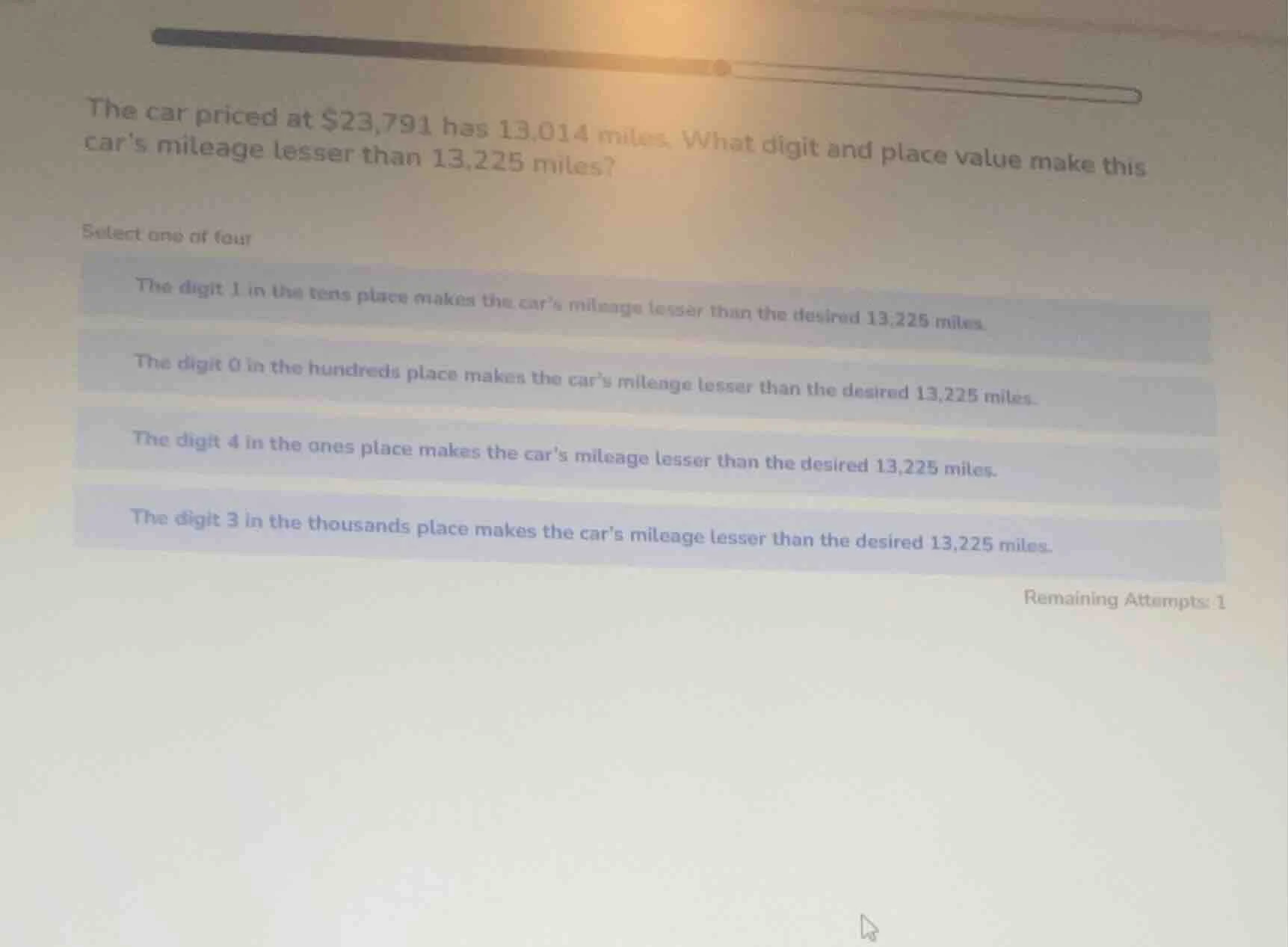 the car priced at $23,791 has 13,014 miles. what digit and place value …