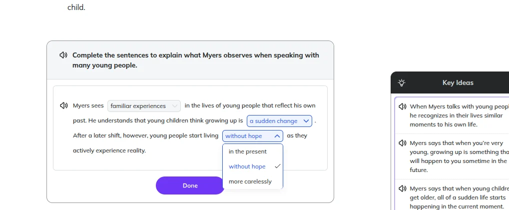 child. complete the sentences to explain what myers observes when speak…