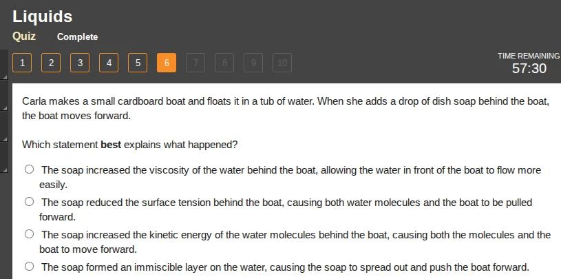 liquids quiz complete 1 2 3 4 5 6 7 8 9 10 time remaining 57:30 carla m…
