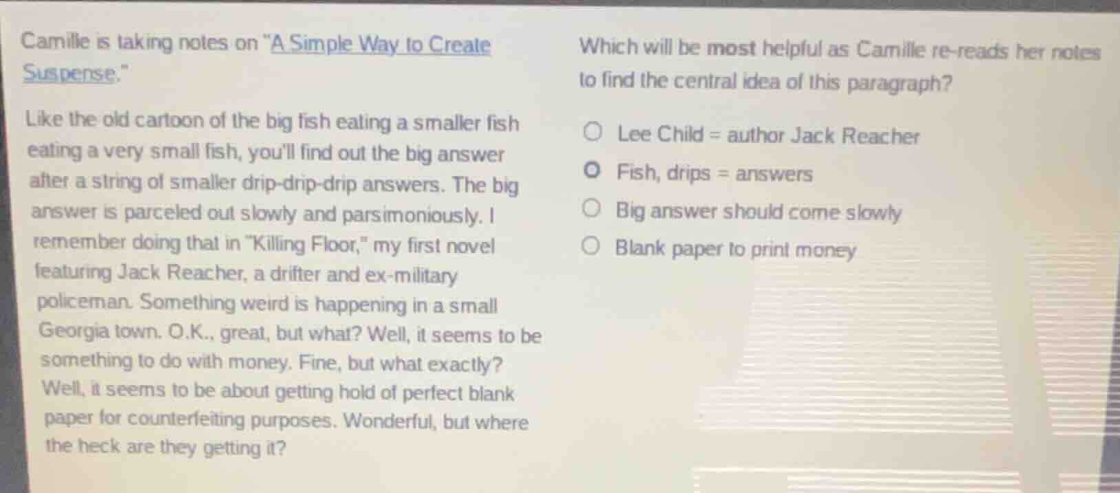 camille is taking notes on \a simple way to create suspense.\like the o…