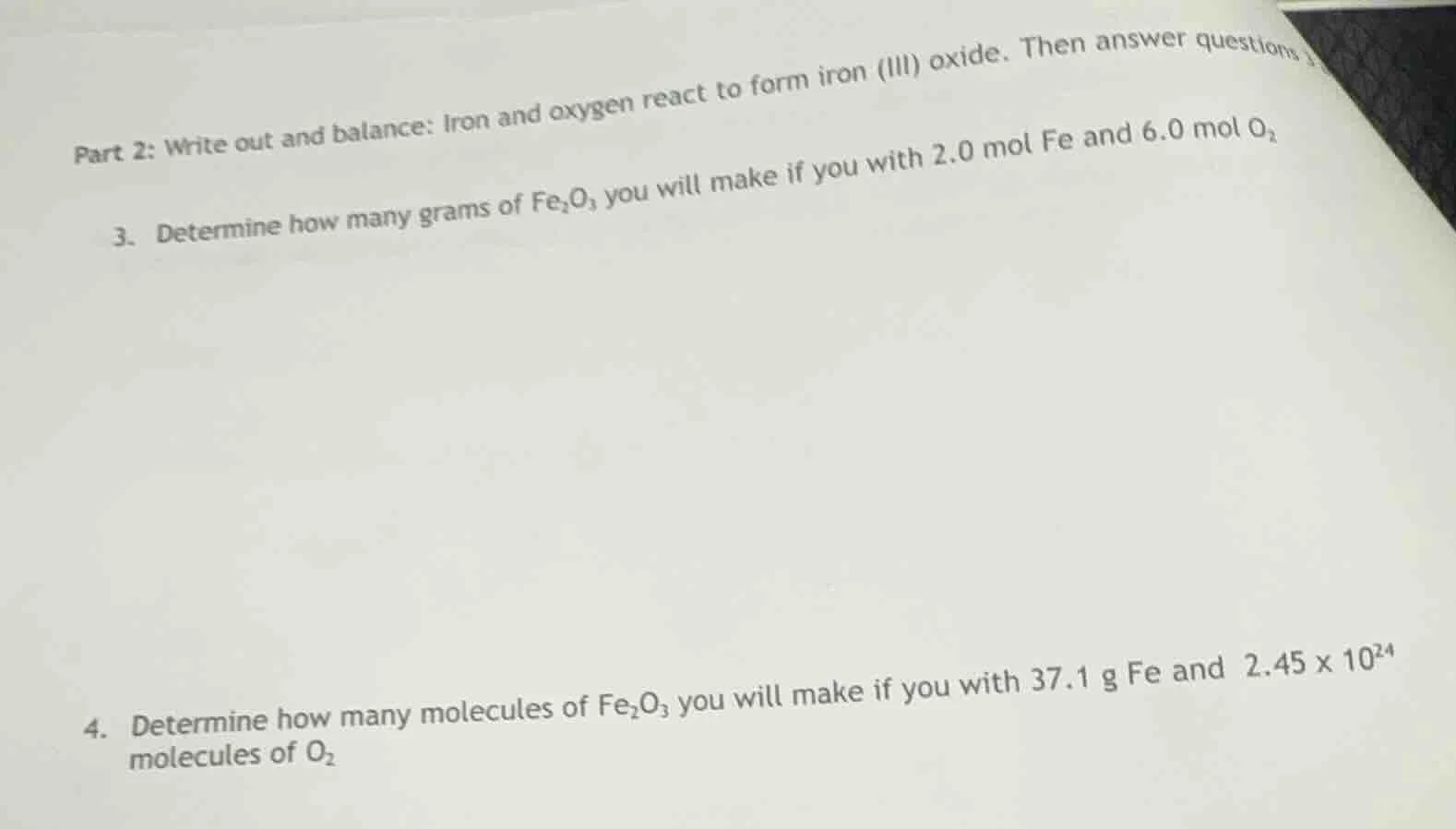 part 2: write out and balance: iron and oxygen react to form iron (iii)…