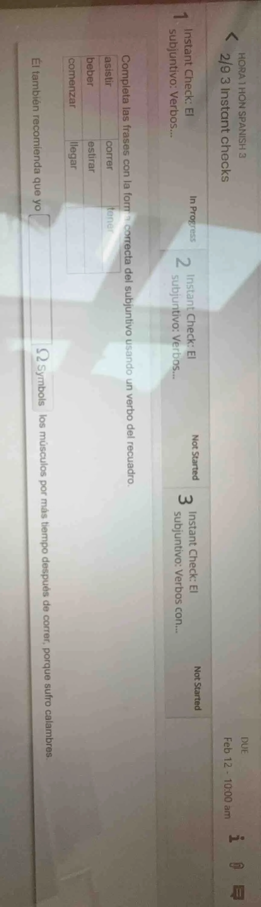 hora 1 hon spanish 3 < 2/9 3 instant checks due feb 12 - 10:00 am 1 ins…