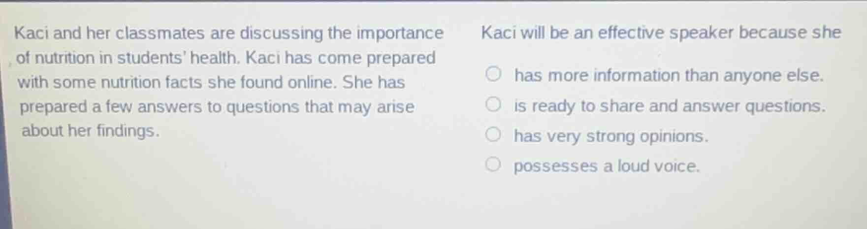 kaci and her classmates are discussing the importance of nutrition in s…