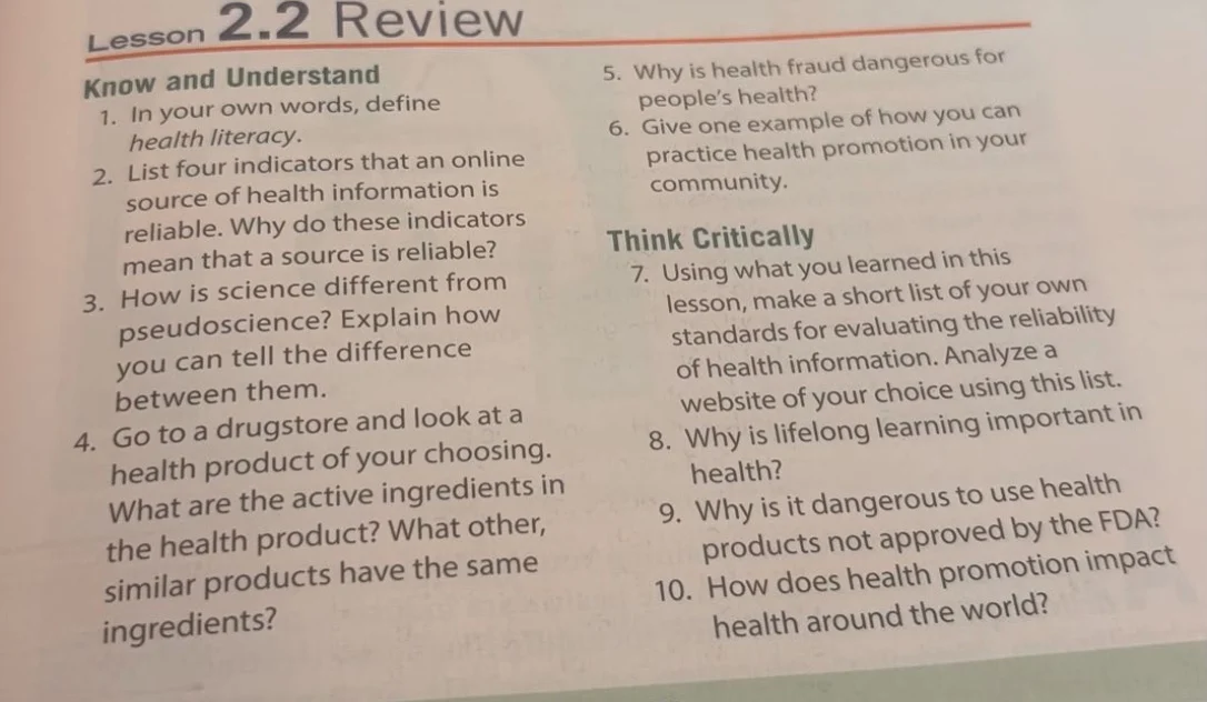 lesson 2.2 review know and understand 1. in your own words, define heal…