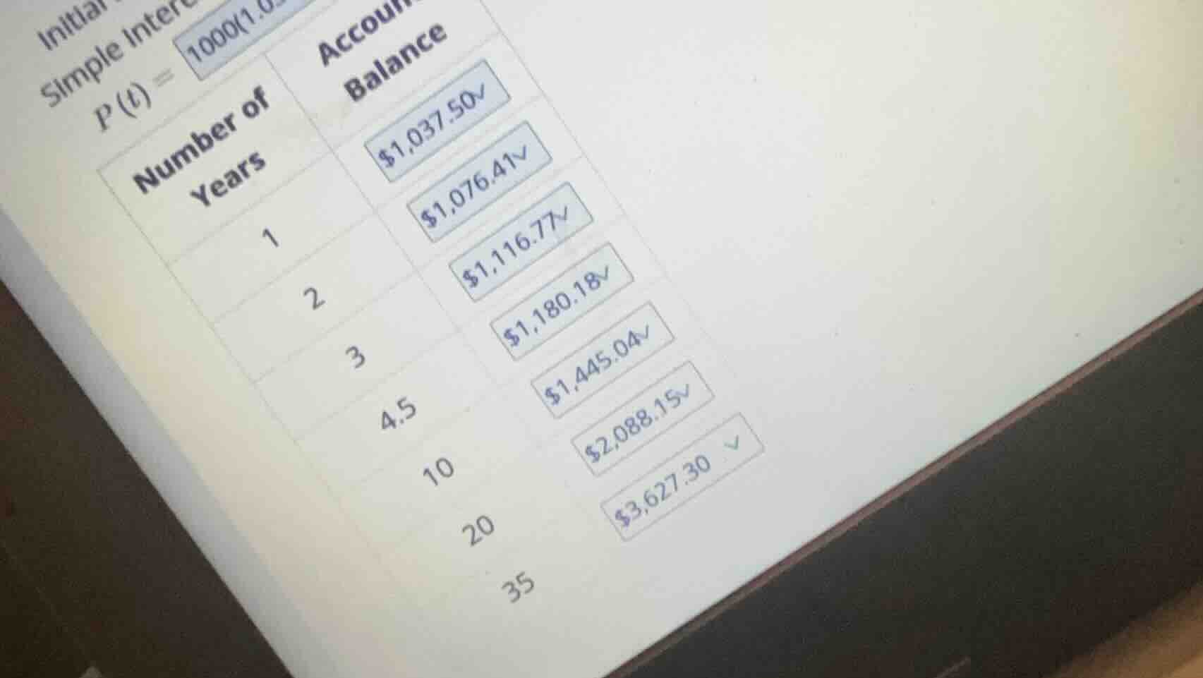 initial simple inter $p(t)=1000(1.0$ number of years account balance 1 …