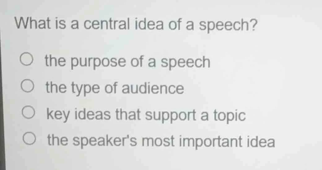 what is a central idea of a speech?○ the purpose of a speech○ the type …