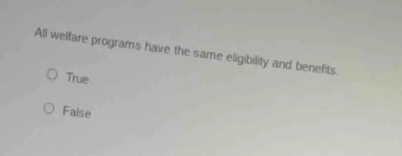 all welfare programs have the same eligibility and benefits. true false