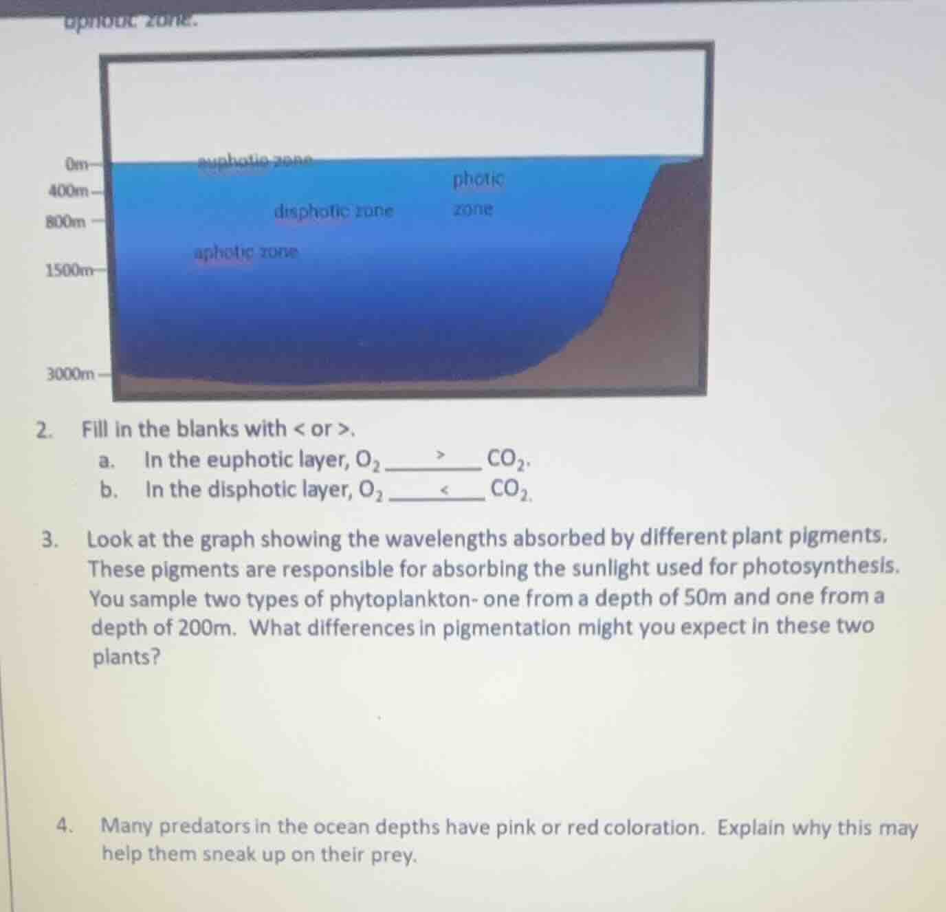 aphotic zone.2. fill in the blanks with < or >.a. in the euphotic layer…