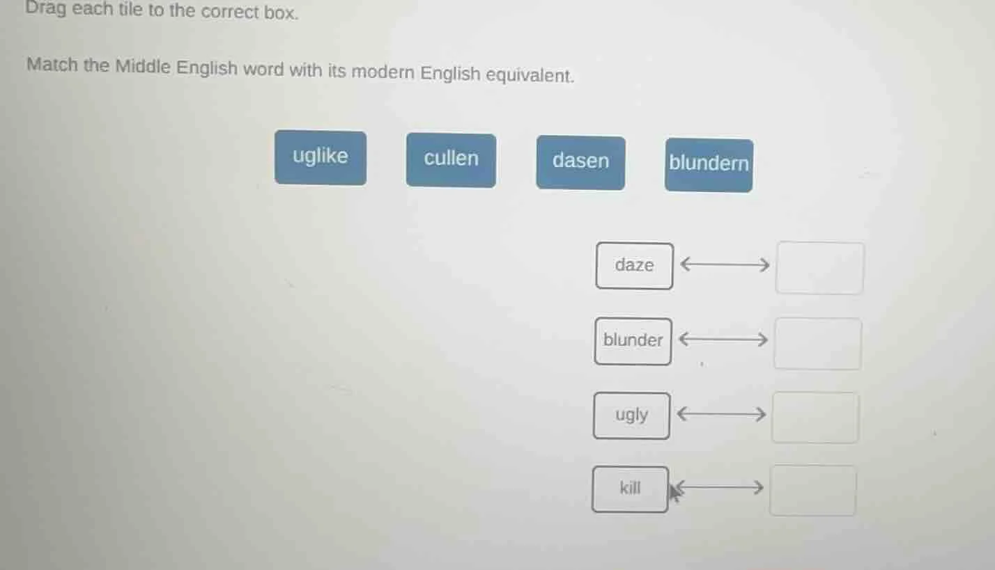 drag each tile to the correct box. match the middle english word with i…