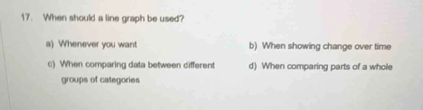 17. when should a line graph be used? a) whenever you want b) when show…
