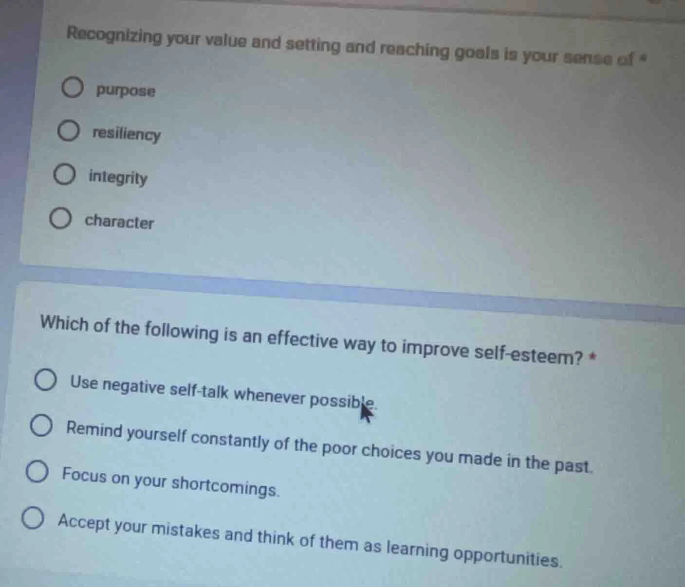 recognizing your value and setting and reaching goals is your sense of …