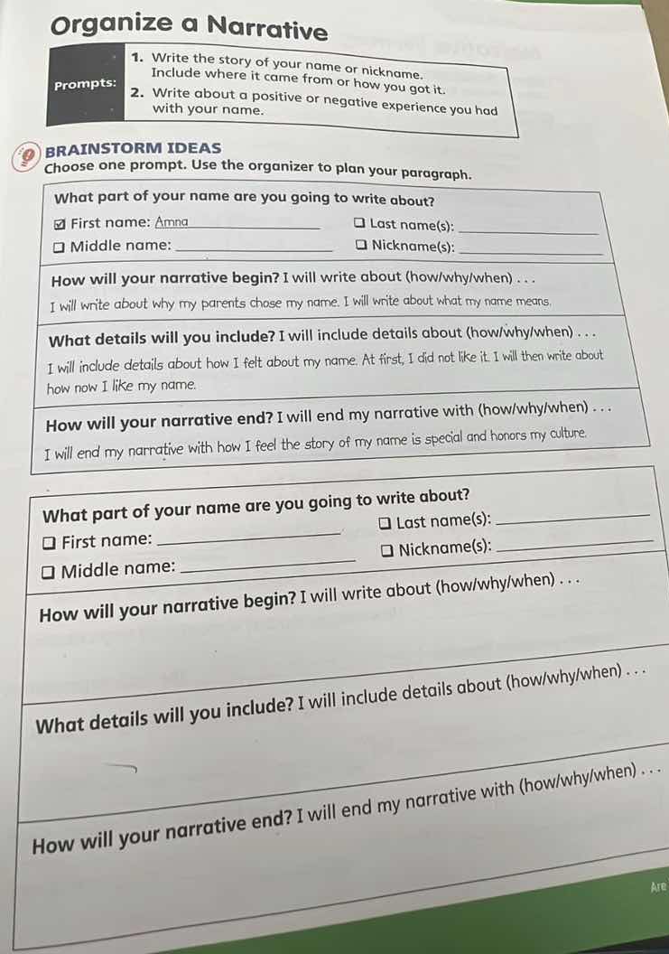 organize a narrative prompts: 1. write the story of your name or nickna…