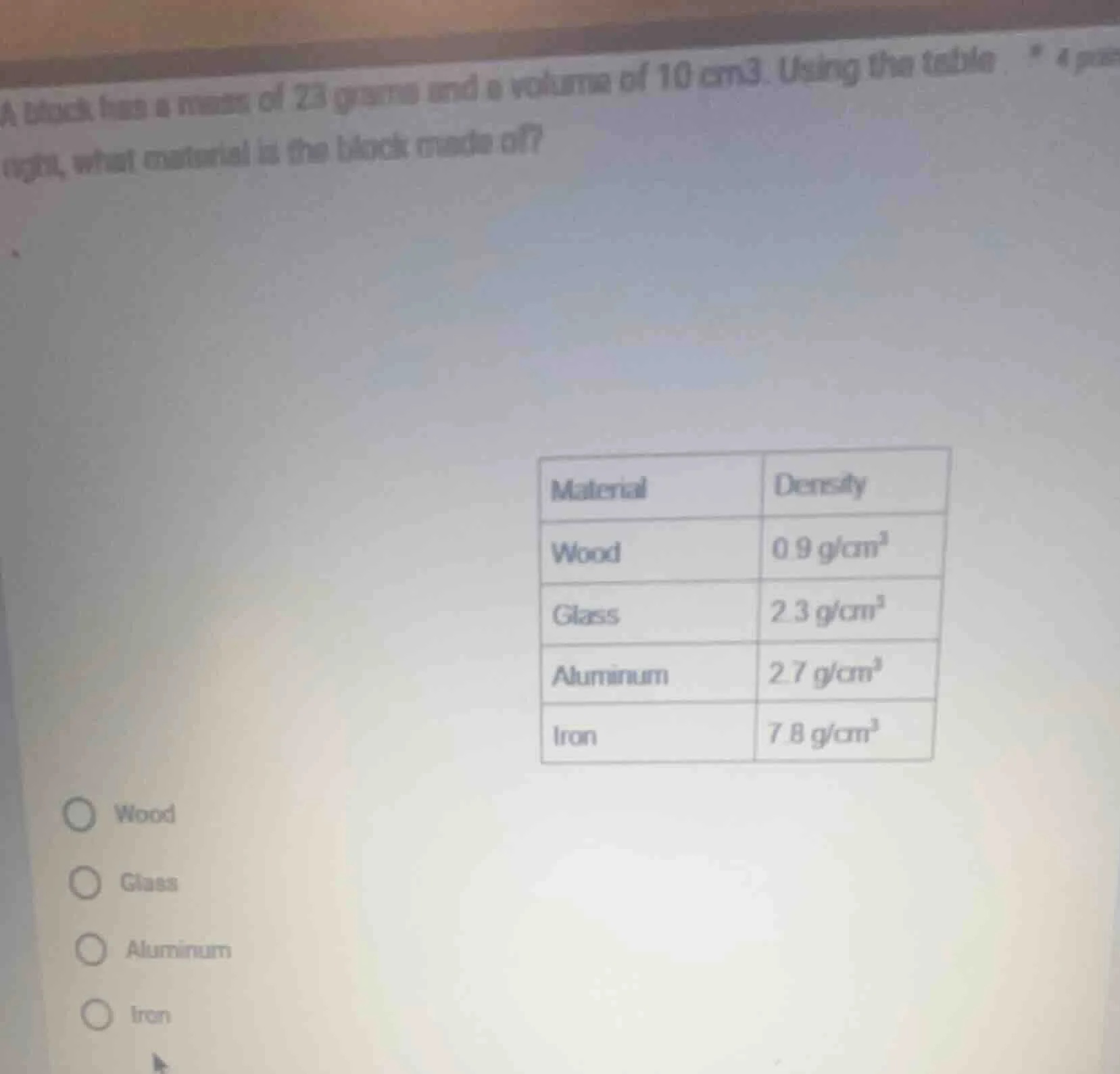 a block has a mass of 23 grams and a volume of 10 cm³. using the table …