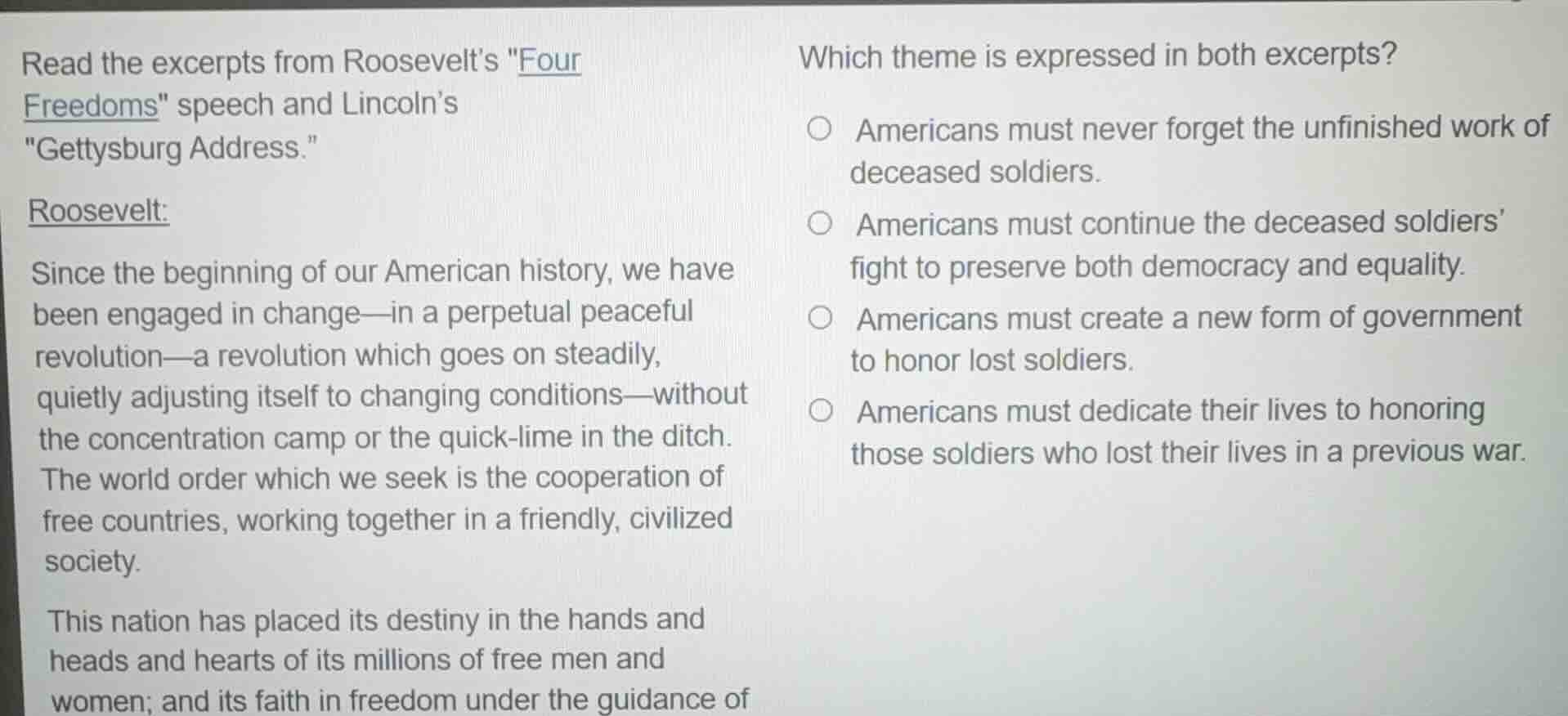 read the excerpts from roosevelts \four freedoms\ speech and lincolns \…