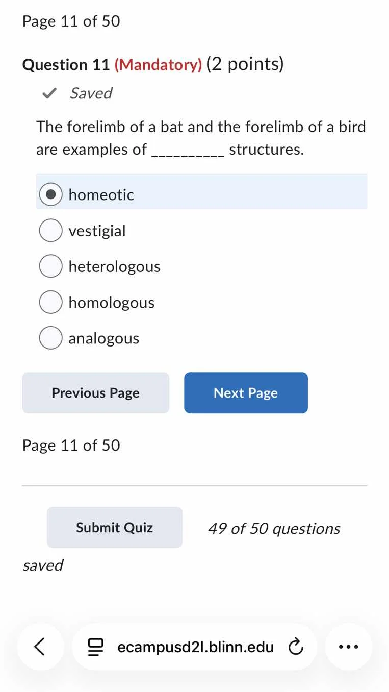 page 11 of 50 question 11 (mandatory) (2 points) ✓ saved the forelimb o…